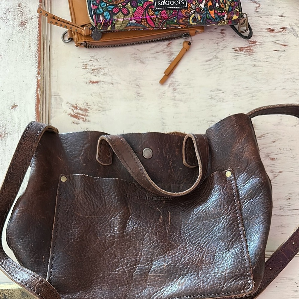 Portland Leather Brown Mini Crossbody Tote Bag with Pebbled Finish